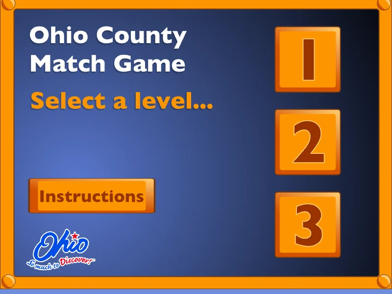 Title screen of the Ohio County Match Game, with buttons for levels 1, 2 and 3