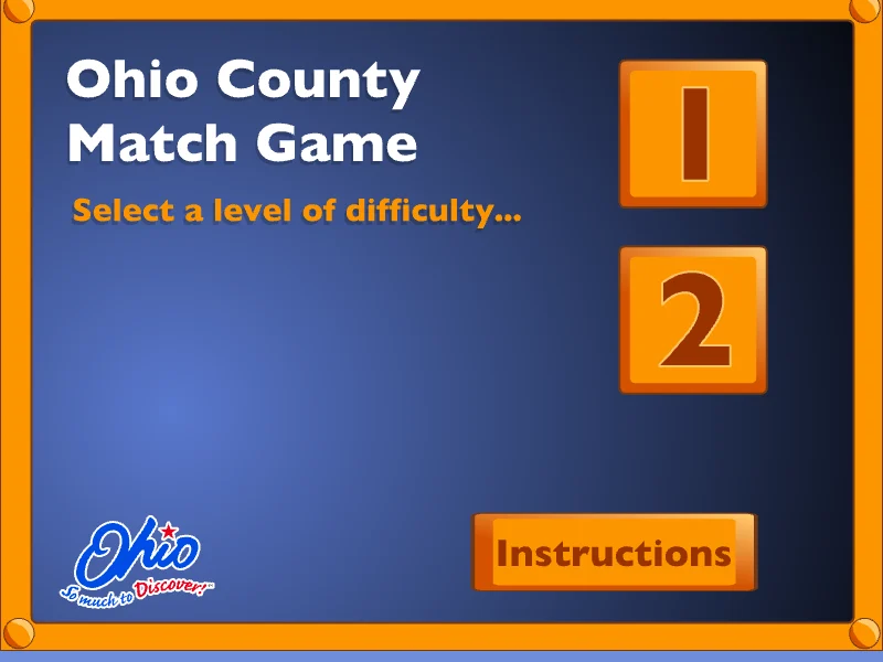 Title screen of the Ohio County Memory Game, with buttons for levels 1 and 2
